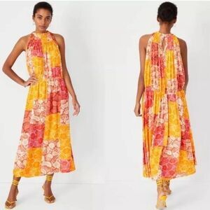 Ann Taylor Women’s Patchwork Floral Maxi Dress Tangelo Boho tropical Large NWT